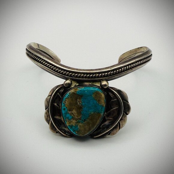 Vintage Sterling Turquoise “Sweater Cuff” – Likely Native Made, 6.25" - Picture 1 of 5